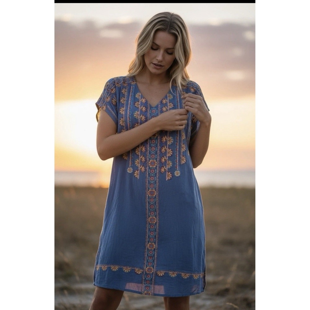 Sundance Women's Blue Garden Melody Bead Embroidery Shift Dress Size XS‎